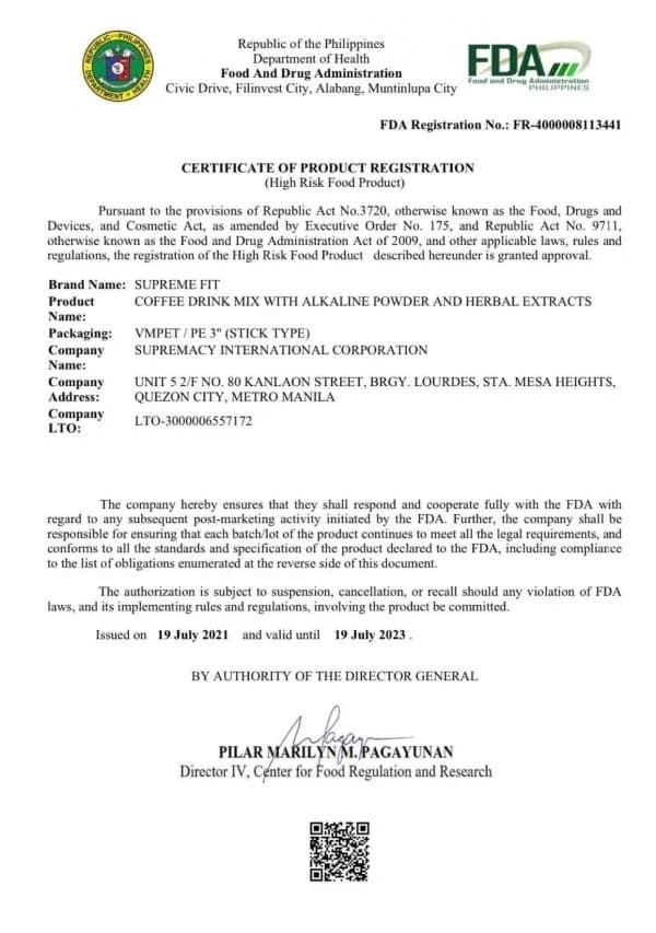Supremacy International FDA compliance certificate 3