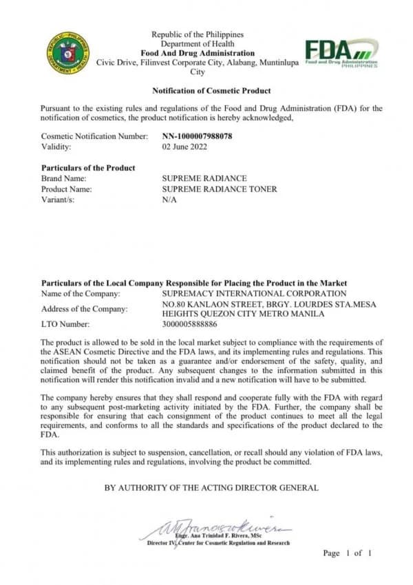 Supremacy International FDA compliance certificate 9